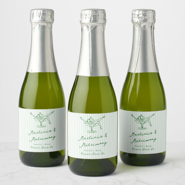 Whimsical Hand Drawn Green Martinis & Matrimony Sparkling Wine Label (Bottles)