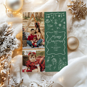 Whimsical Hand Drawn Green Merry Christmas 2 Photo Holiday Card
