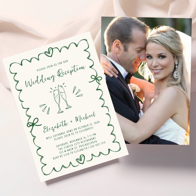 Whimsical Hand Drawn Green Photo Wedding Reception Invitation (Whimsical Hand Drawn Green Photo Wedding Reception Invitation)