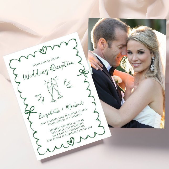 Whimsical Hand Drawn Green Photo Wedding Reception Invitation (Whimsical Hand Drawn Green Photo Wedding Reception Invitation)
