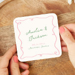 Whimsical Hand Drawn Green & Pink Wedding Napkins Square Paper Coaster<br><div class="desc">This adorable design features hand drawn elements and a whimsical bold text.</div>