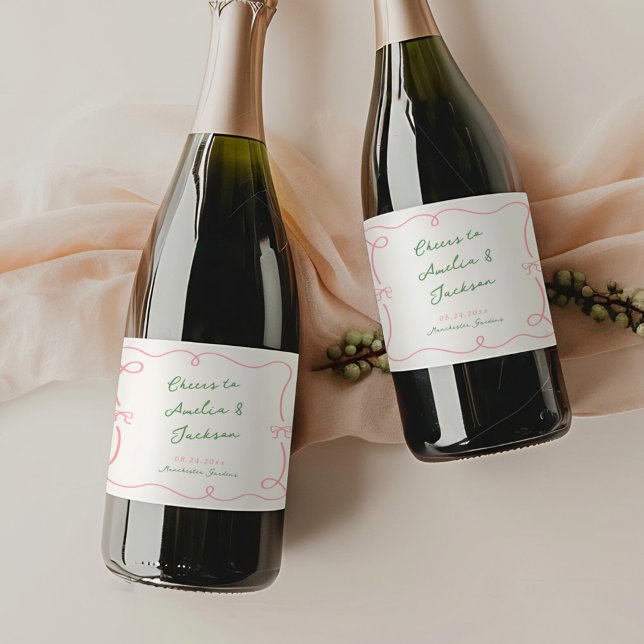 Whimsical Hand Drawn Green & Pink Wedding Sparkling Wine Label (Creator Uploaded)