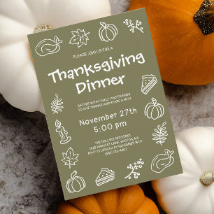Whimsical Hand Drawn Green Thanksgiving Dinner Invitation