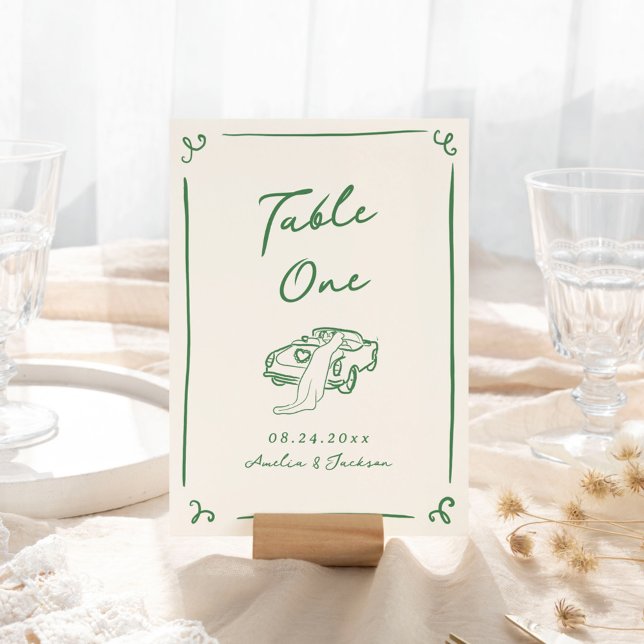 Whimsical Hand Drawn Green Vintage Car Table Card (Creator Uploaded)