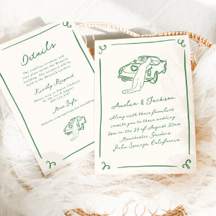 Whimsical Hand Drawn Green Wedding + Details Invitation