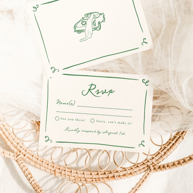 Whimsical Hand Drawn Green Wedding RSVP Invitation (Creator Uploaded)