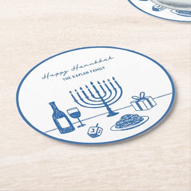 Whimsical Hand Drawn Hanukkah Party Trendy Custom Round Paper Coaster (Angled)