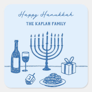Whimsical Hand Drawn Hanukkah Party Trendy Custom Square Sticker