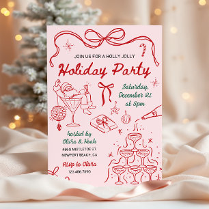 Whimsical Hand Drawn Holly Jolly Christmas Party Invitation