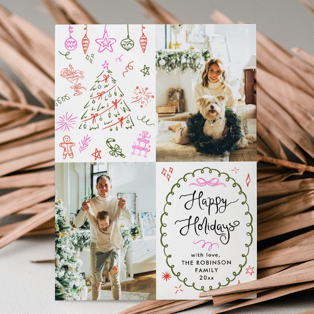 Whimsical Hand Drawn Icons Happy Holidays 2 Photo Holiday Card (Creator Uploaded)