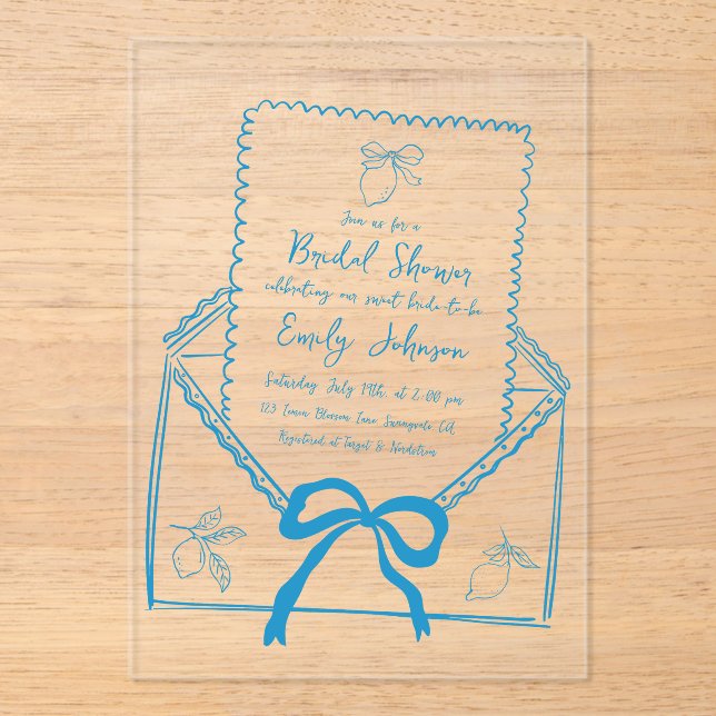 Whimsical Hand Drawn Italian Lemon Bridal Shower Acrylic Invitations (Front)