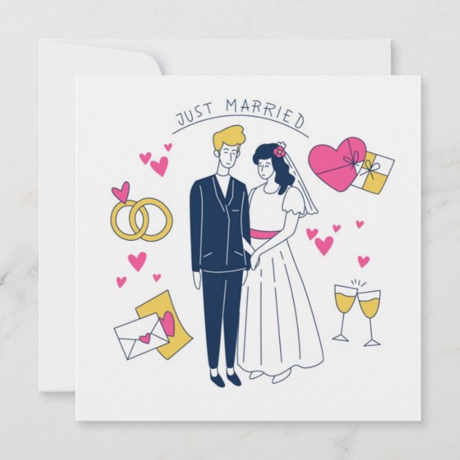 Whimsical Hand-Drawn "Just Married" Couple Doodle  Invitation (Front)