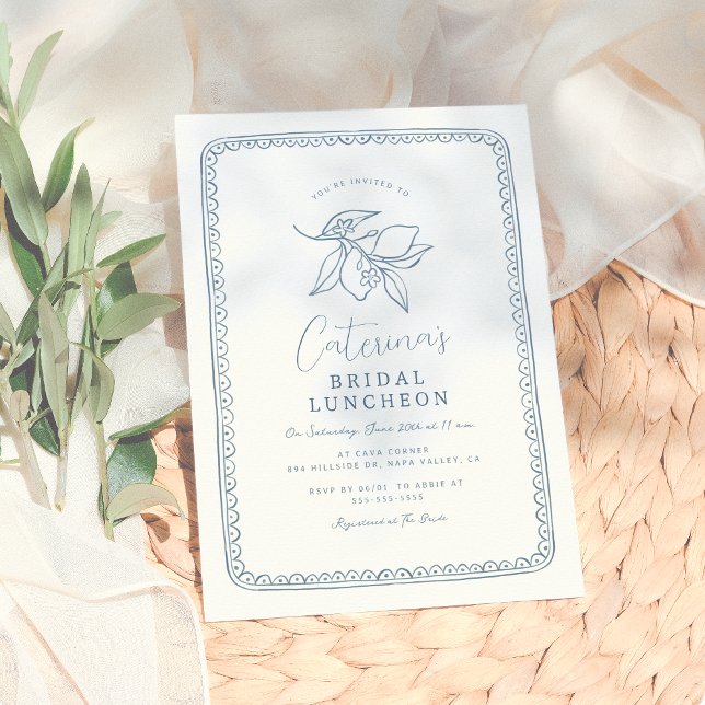 Whimsical Hand Drawn Lemon | Blue Bridal Shower Invitation (Creator Uploaded)