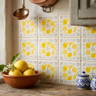 Whimsical Hand Drawn Lemons Yellow Grey Pattern Ceramic Tile