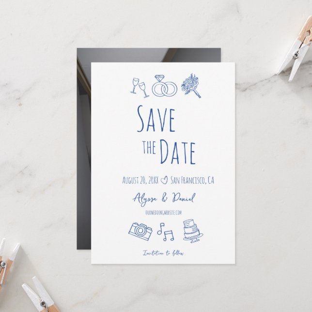 Whimsical Hand Drawn Minimal Blue White Photo (Front/Back In Situ)