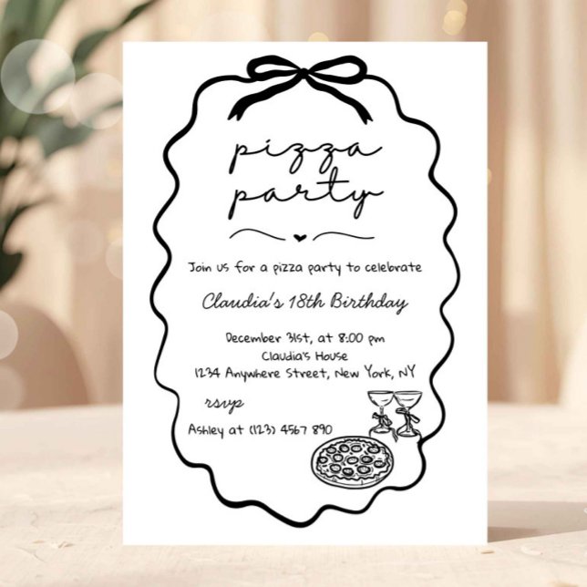 Whimsical Hand Drawn Minimalist Pizza Party Invitation (pizza party invitation, minimalist birthday invite, black and white invitation, adult birthday invit)