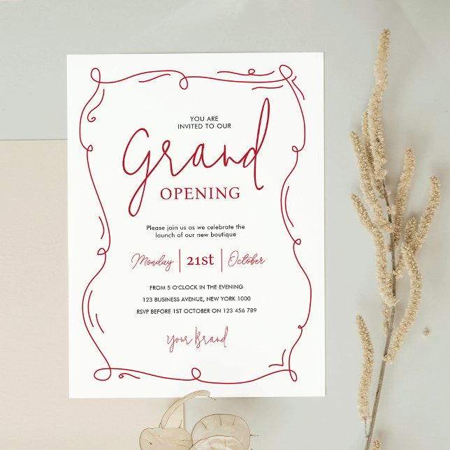 Whimsical Hand Drawn Modern Grand Opening Business Invitation (Elegant whimsical business opening event invitation in white and red with hand drawn frame)