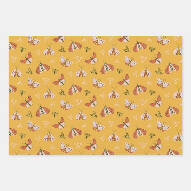 Whimsical hand drawn moths boho pattern  wrapping paper sheet (Front)