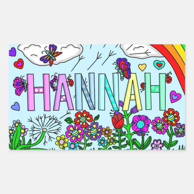 Whimsical Hand Drawn Name Hannah Flowers, Rainbow Rectangular Sticker (Front)