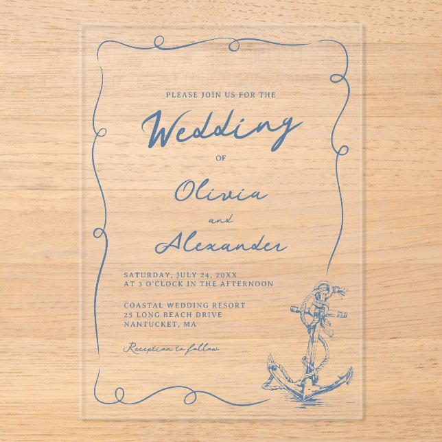 Whimsical Hand Drawn Nautical Anchor Wedding  Acrylic Invitations (Front)
