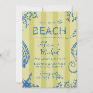 Whimsical hand drawn nautical coastal wedding  invitation