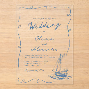Whimsical Hand Drawn Nautical Sailboat Wedding Acrylic Invitations