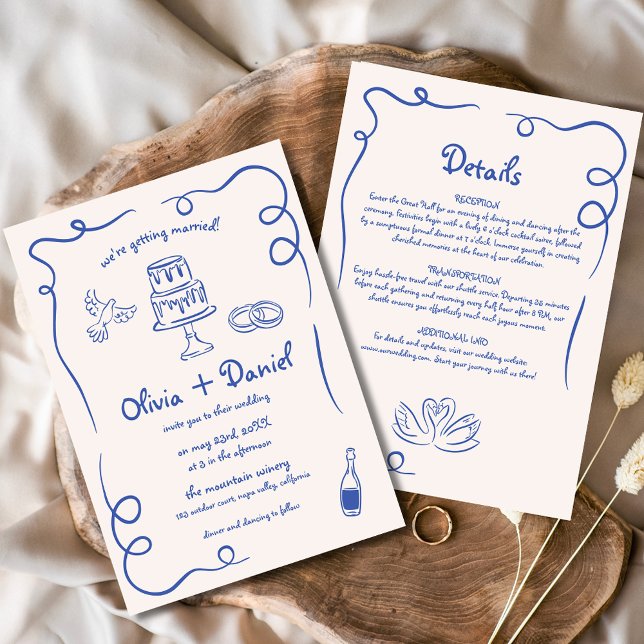 Whimsical Hand Drawn Navy Blue Details Wedding Invitation (Creator Uploaded)