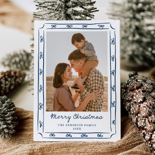 Whimsical Hand-Drawn Navy Bow Frame 2 Photo Holiday Card