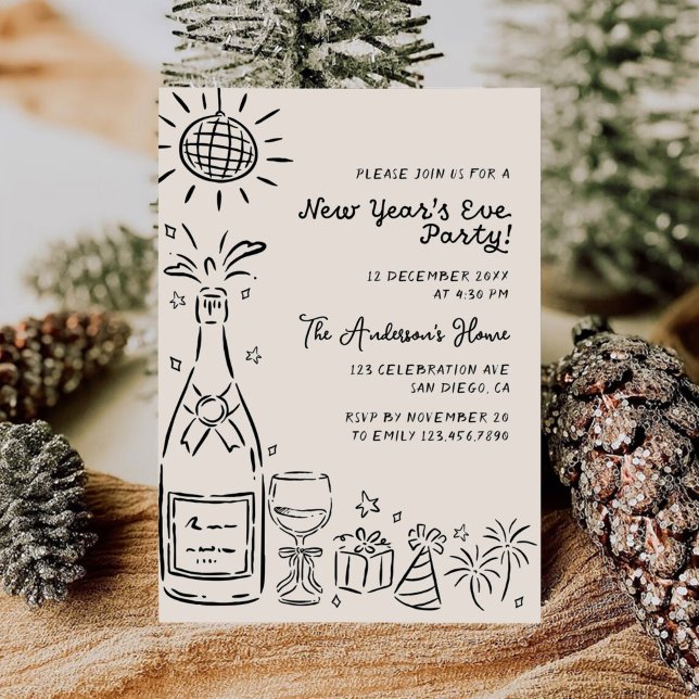 Whimsical Hand Drawn New Year's Eve Party Invitation (Creator Uploaded)