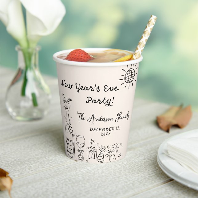 Whimsical Hand Drawn New Year's Eve Party Paper Cups (Insitu)