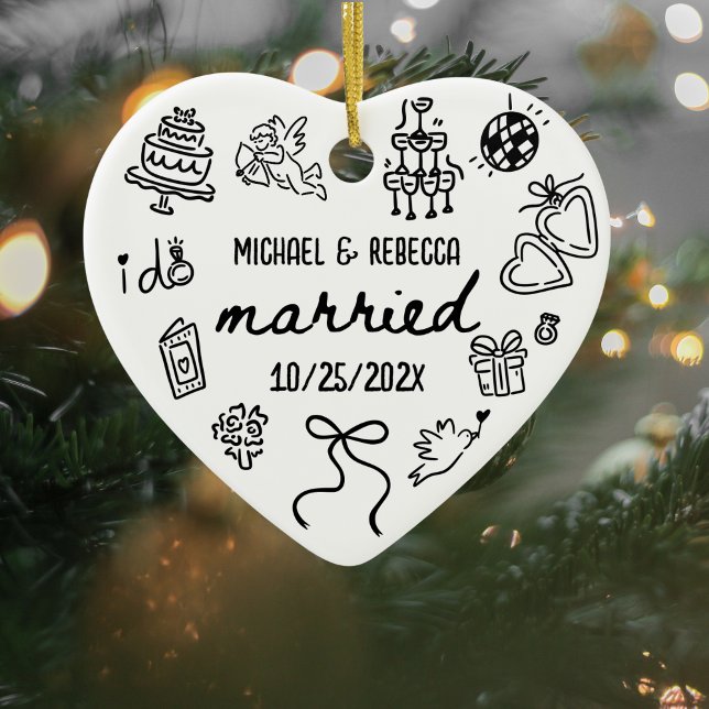 Whimsical Hand Drawn Newlywed First Christmas Ceramic Ornament (Newlywed First Christmas Ornament)