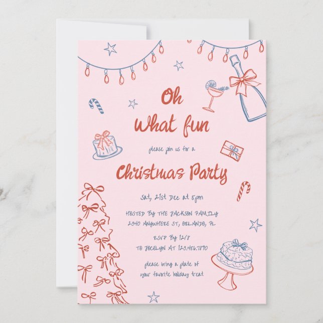Whimsical Hand Drawn Oh What Fun Christmas Party  Invitation (Front)