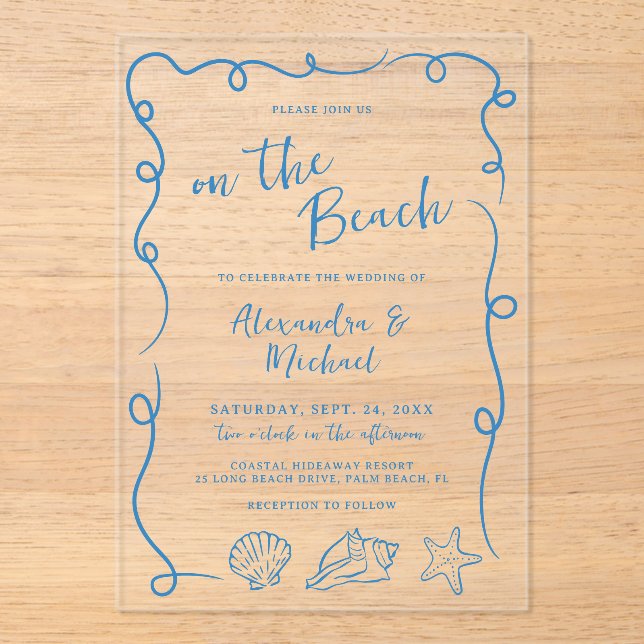 Whimsical Hand Drawn On the Beach Wedding Acrylic Invitations (Front)