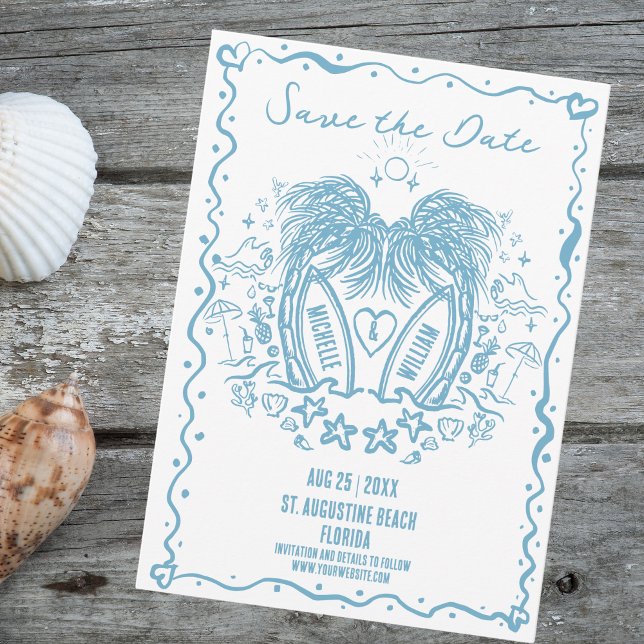 Whimsical Hand Drawn Palm Beach Doodle Wedding Save The Date (blue palm trees doodle beach wedding with names written on paddle surf boards)