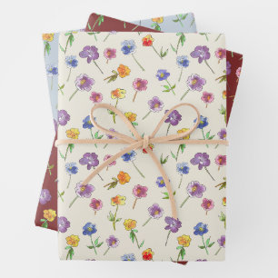 Whimsical Hand-Drawn Pansy Flowers Cute Wildflower Wrapping Paper Sheet