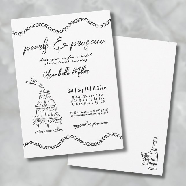 Whimsical Hand Drawn Pearls Prosecco Bridal Shower Invitation (Whimsical Hand Drawn Pearls Prosecco Bridal Shower Invitation)