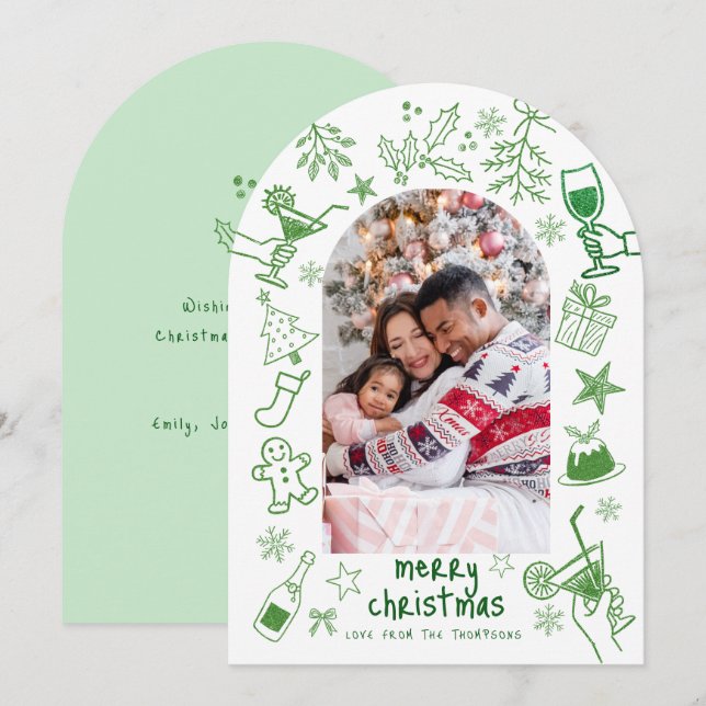 Whimsical hand drawn Photo Merry Christmas Arch Invitation (Front/Back)