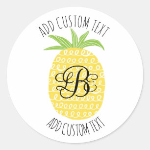 Whimsical Hand-drawn Pineapple Monogrammed Classic Round Sticker