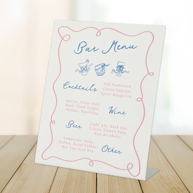 Whimsical Hand Drawn Pink & Blue Bar Menu Pedestal Sign (Creator Uploaded)