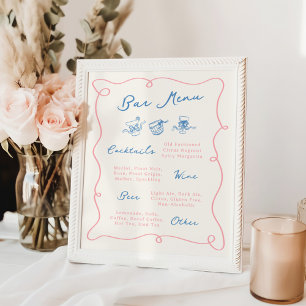 Whimsical Hand Drawn Pink & Blue Bar Menu Poster