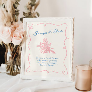 Whimsical Hand Drawn Pink & Blue Bouquet Bar Poster