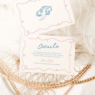 Whimsical Hand Drawn Pink & Blue Wedding Details Invitation