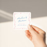 Whimsical Hand Drawn Pink & Blue Wedding Square Sticker<br><div class="desc">This adorable design features hand drawn elements and a whimsical bold text.</div>