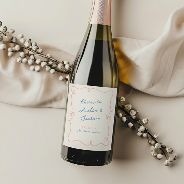 Whimsical Hand Drawn Pink & Blue Wedding Wine Label (Creator Uploaded)