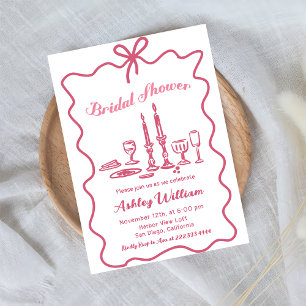 Whimsical Hand Drawn Pink Bow Bridal Shower Invitation