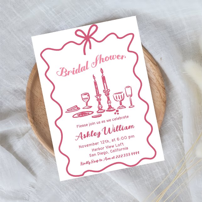 Whimsical Hand Drawn Pink Bow Bridal Shower Invitation (Creator Uploaded)