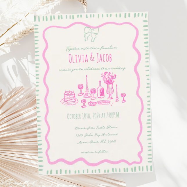 Whimsical Hand Drawn Pink Bow Wavy Wedding Invitation (Creator Uploaded)