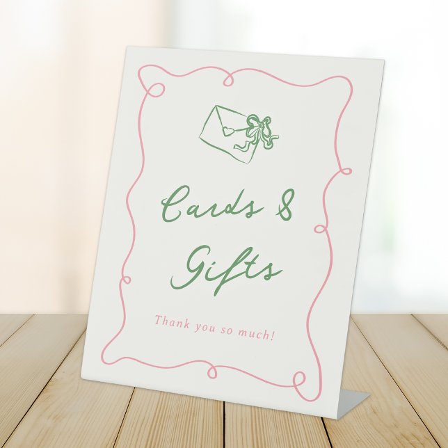 Whimsical Hand Drawn Pink & Green Cards & Gifts Pedestal Sign (Creator Uploaded)