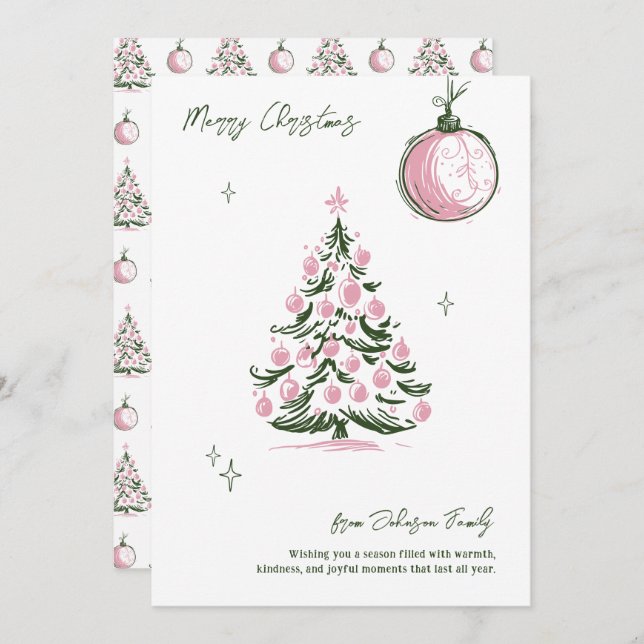 Whimsical Hand Drawn Pink & Green Christmas Tree Holiday Card (Front/Back)
