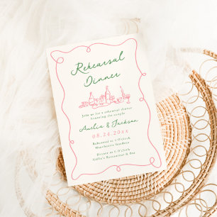 Whimsical Hand Drawn Pink & Green Rehearsal Dinner Invitation